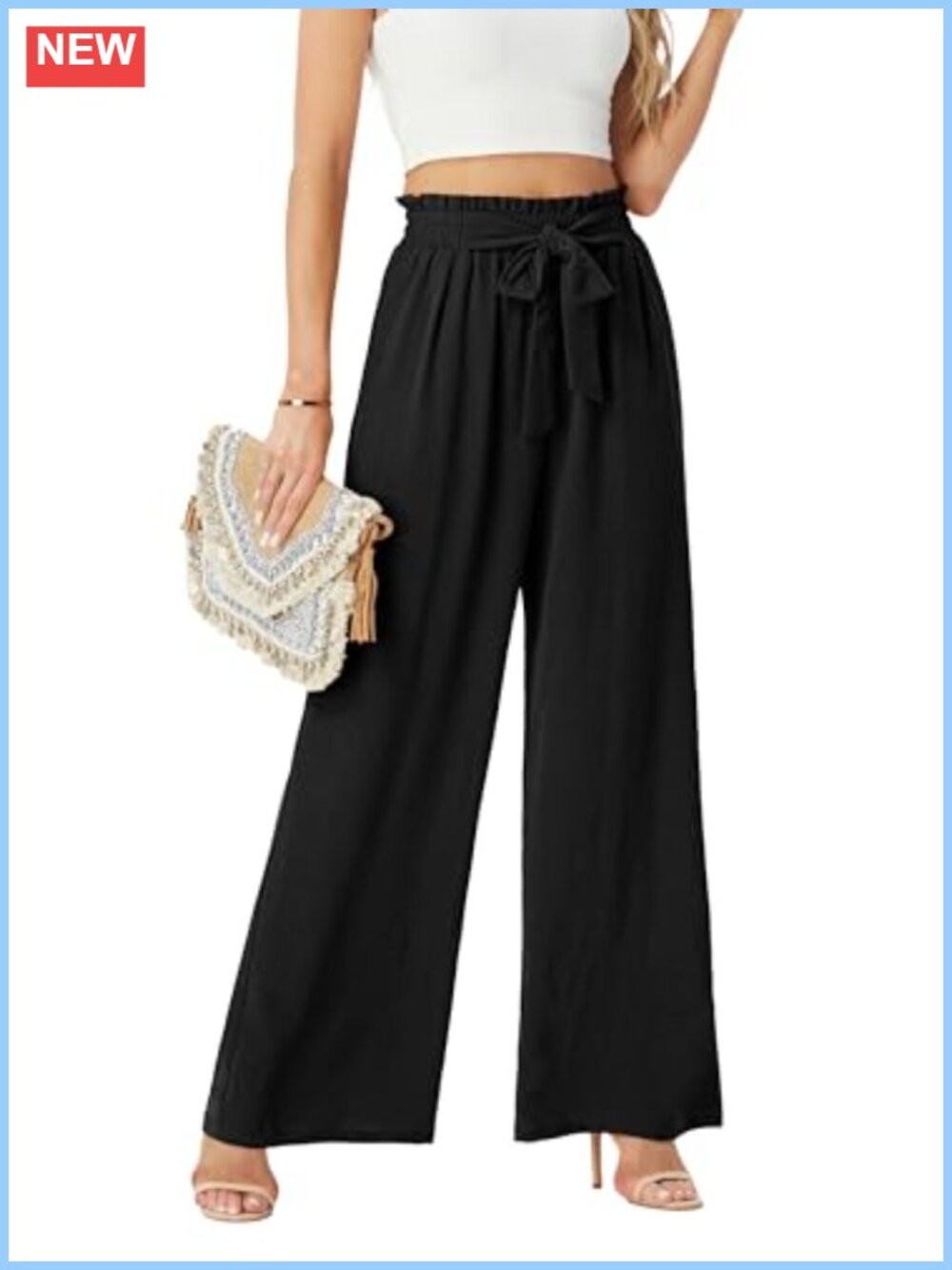 Wide Leg Pants High Waist Flowy Adjustable Knot Loose Trousers with Pockets
